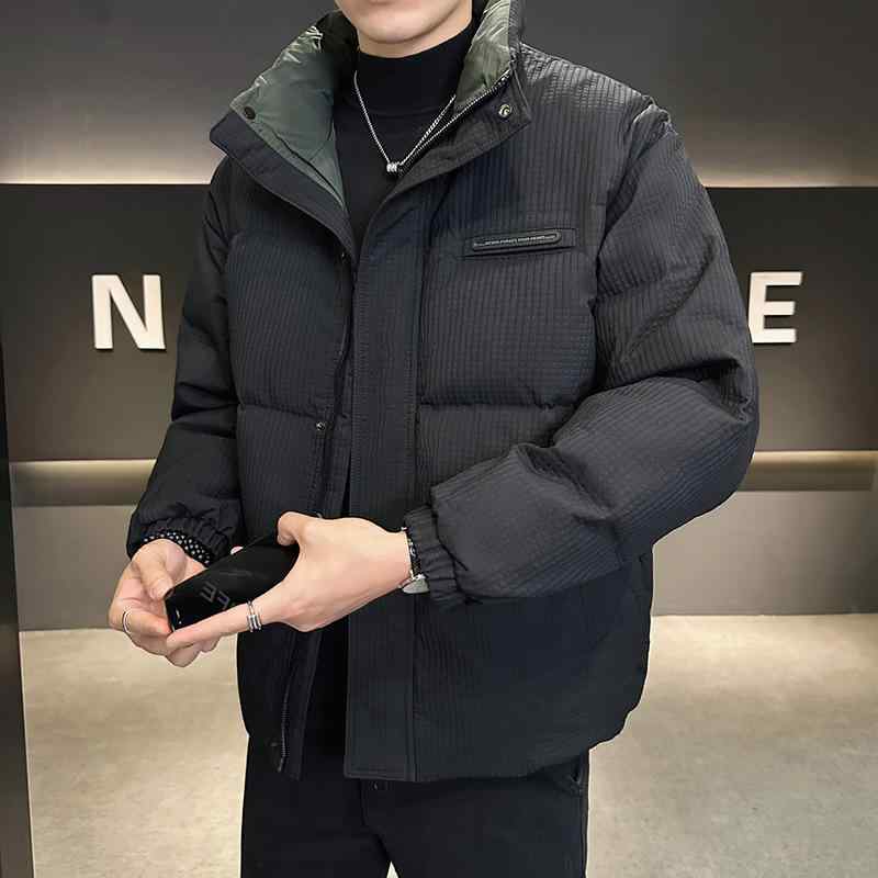 メンズ 落ち込む上衣 冬用 加厚 短丈 照明ランプ色つや ホワイトダックダウン 保暖 ゆったり影ぼうし ポリエステル 機洗 日常 ソリッドカラー 黒緑 米白 黒いこと 薄墨色 カーキ