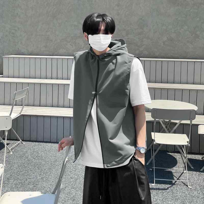 メンズ ベスト 無袖 フード付き 夏用 薄手 レトロ アウター 無地 ポリエステル ルーズフィット ジッパー グレー ブラック 普段使い｜プライムズ商店