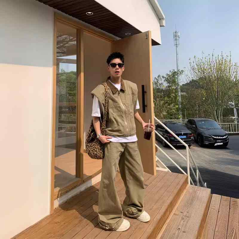 メンズ 夏用 レトロ ジーンズ 限りない ゆったり ズボン下 仕掛ける カーキ 厚地の外套影ぼうし 綿織物混紡 ポリエステル 普段使い走り 心地好い 韓国風 軽さ 伸縮性