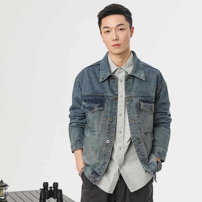 メンズ ジーンズ上衣 レトロ アメリカン 照明ランプ色合い ダブル衣嚢 ビッグ大きさ ルーズフィット 綿織物 点火装置青色 春 心地よい アウター ゆったり トップス