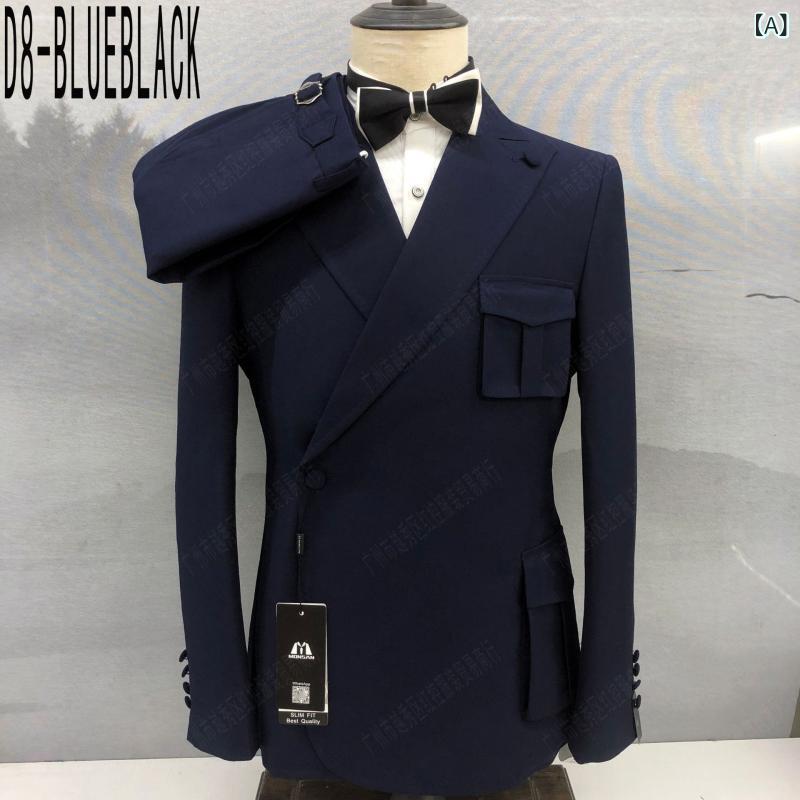 メンズ スーツ セット 宴会用 礼服 コットン 素材 スリムフィット シングルブレスト ノッチラペル サイドスリット ボタン装飾 ブラック ブルーブラック ライトビジネス 通勤 普段使い 軽量 伸縮性|プライムズ商店