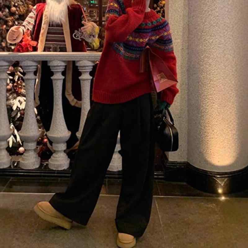 編み物スウェーター レディース 長袖 ポロ領 ルーズシルエット フェアアイル柄 赤 ビンテージ風 ゆったり表現スタイル 中厚 烏兎 心地好い 角袖巡査 ポリエステル混 当たること冷感 吸湿速乾 伸縮性 飛び切り感 トップス 肌付き 普段使い