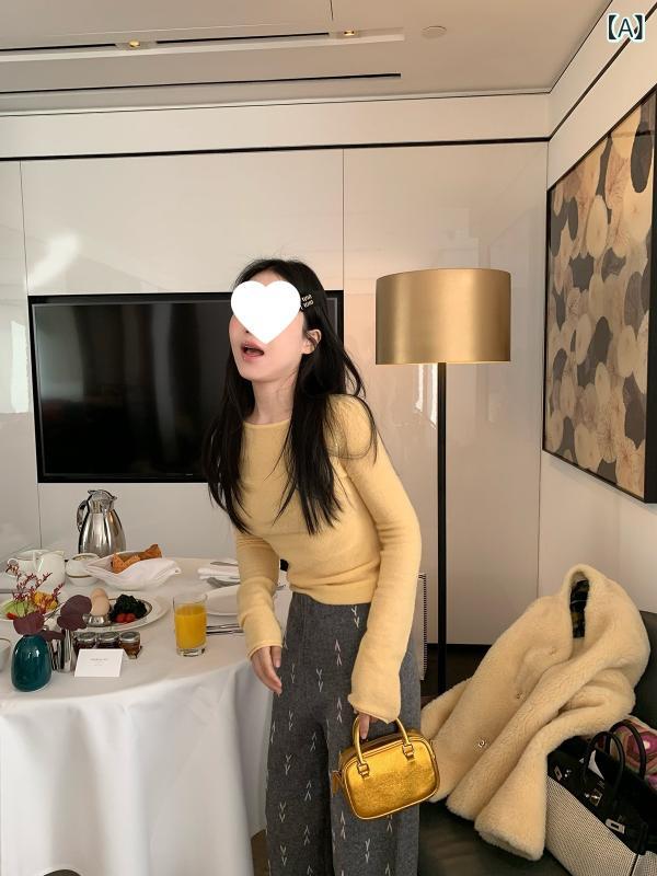 レディース 秋冬 ニットセーター 丸首 長袖 羊毛素材 イエロー 通勤用 スリムフィット ロールエッジ ベースレイヤー インナートップス｜プライムズ商店