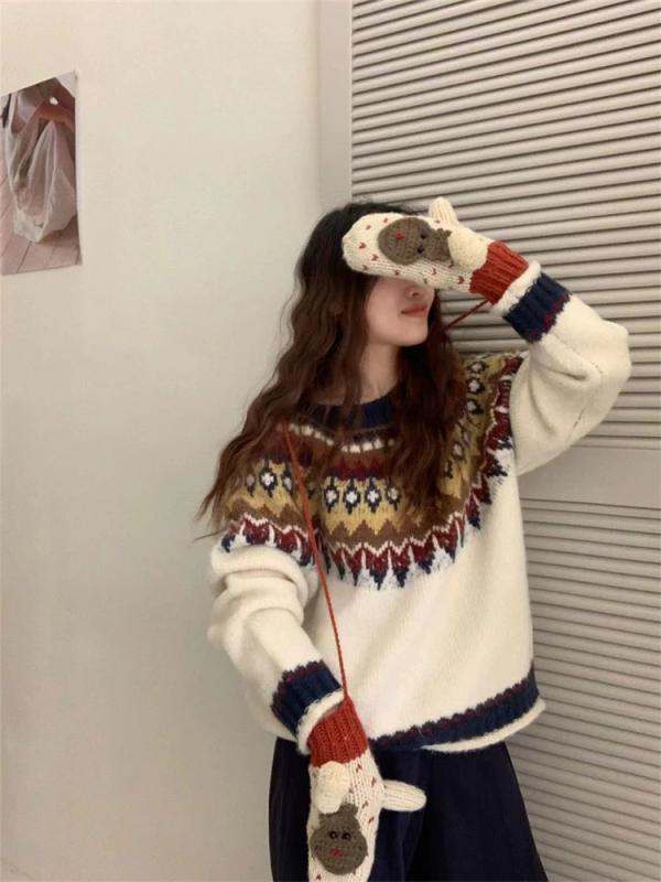 レディース スウェーター 韓国風 斜方形 フェアアイル 提花 ティーシャツ 長袖 丸首 中厚 秋冬 ゆったり 心地好い 絨毛 ナイロン 混紡 パステル色の ビンテージ 表現スタイル 象牙色 薄墨色 黄色 系
