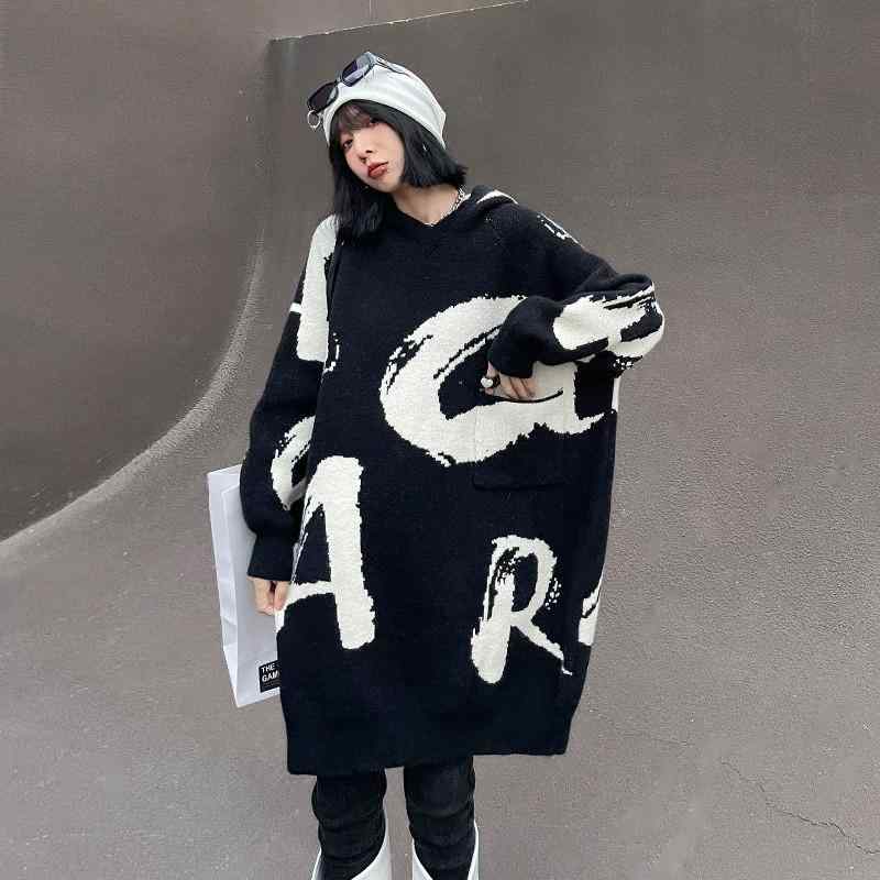 編み物衣装 レディース ボンネット付き添い人 朦々たる ルーズフィット 真っただ中丈 字母提花 黒いこと 秋冬 綿織物 人絹混 長袖 衣嚢付き添い人 心地好い 表どおり表現スタイル
