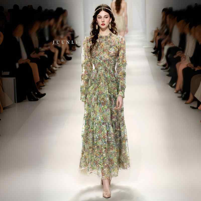 秋冬 レディース 中国風 花柄 レース ロングワンピース フレンチガーリー Aライン ハイウエスト ラウンドネック ロングスリーブ ピンク系 復古 ソフト 光沢｜プライムズ商店