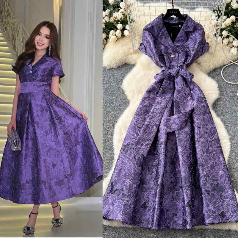 ワンピース レディース 春夏 短袖 ロング Aライン ラペルカラー 高腰 紐帯 提花 花柄 ポリエステル 軽量 エレガント ピンク系 紫系 ワインレッド ライトブルー 普段使い 気質 ボタン デザイン|プライムズ商店