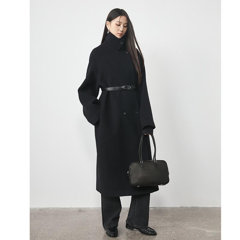 レディース 羊毛厚地の外套 秋冬 朦々たる ダブル乳ぶさ ロング丈 黒 通い用 ルーズフィット 毛糸 照明ランプ色合い 長袖 衣嚢 連合王国風 アウター トップス 厚地の外套厚地の外套 生あたたかい 軽さ 吸湿速乾