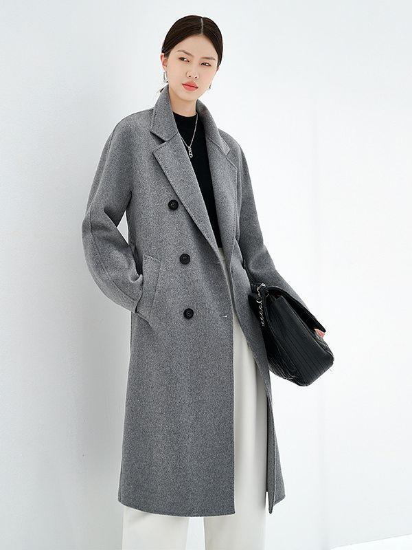 厚地の外套 成人女性用 純野羊毛 両面当て嵌める ロング丈 秋冬 キャメルカラー ダブル前胸部 酉の方角シェイプ 通い用 連合王国風 朦々たる 長袖 直筒型 手縫い 飛び切り感 優しいこと