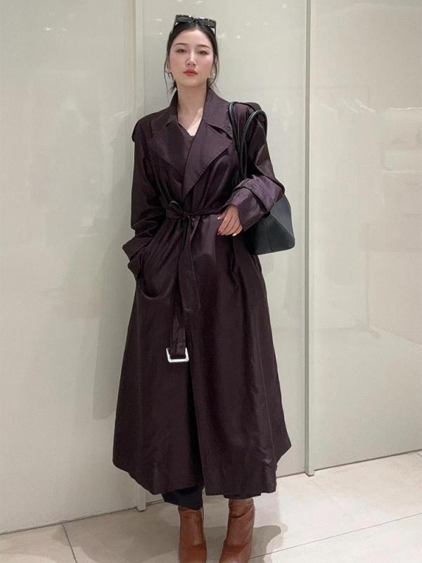 レディース ロング厚地の外套 カルメ焼赤銅色 綿織物 軽さ薄っぺら ルーズフィット 大型ラペル色つや 酉の方角胴締め付き添い人 通い 心地好い アウター 秋冬