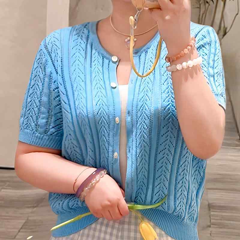編み物 ジレー 丸首 半袖 綿 透かし編み フラウンス 通気性 薄っぺら 夏 心地よい 青色 か細い填まる お上さん用 トップス