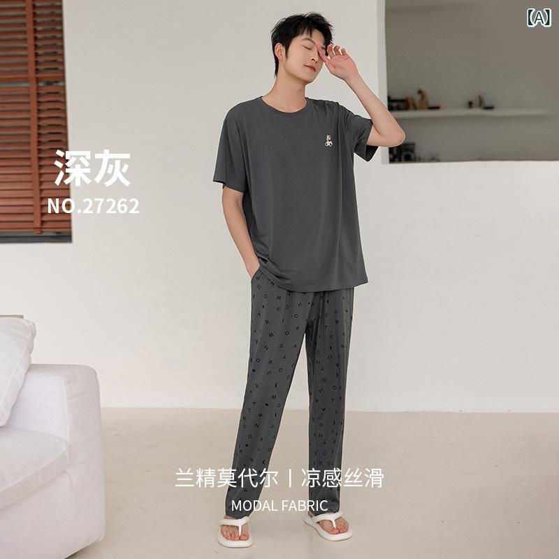 夏用 カップル パジャマ 再生繊維 接触冷感 ラウンドネック ショートスリーブ ロングパンツ クマ柄 プリント 透気性 伸縮性 快適 ホームウェア 外出可(x5)｜プライムズ商店