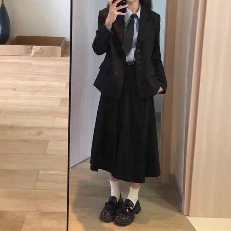 レディース 春 スーツ セット ブラック ジャケット ミディスカート ゆったり シルエット ポロカラ 長袖 プリンセススリーブ エレガント スリム効果 通勤 面接 用 フォーマル 私服 OL風 洗練 デザイン ポリエステル 混｜プライムズ商店