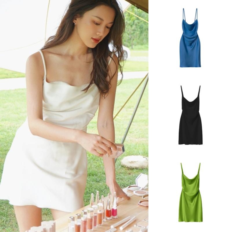 ワンピース レディース 短丈 吊り紐 肩紐 ダンシング neck 無袖 sleeveless 背中 開き 無地 純白 純青 純緑 純黒 醋酸 醋酸繊維 醋酸面料｜プライムズ商店