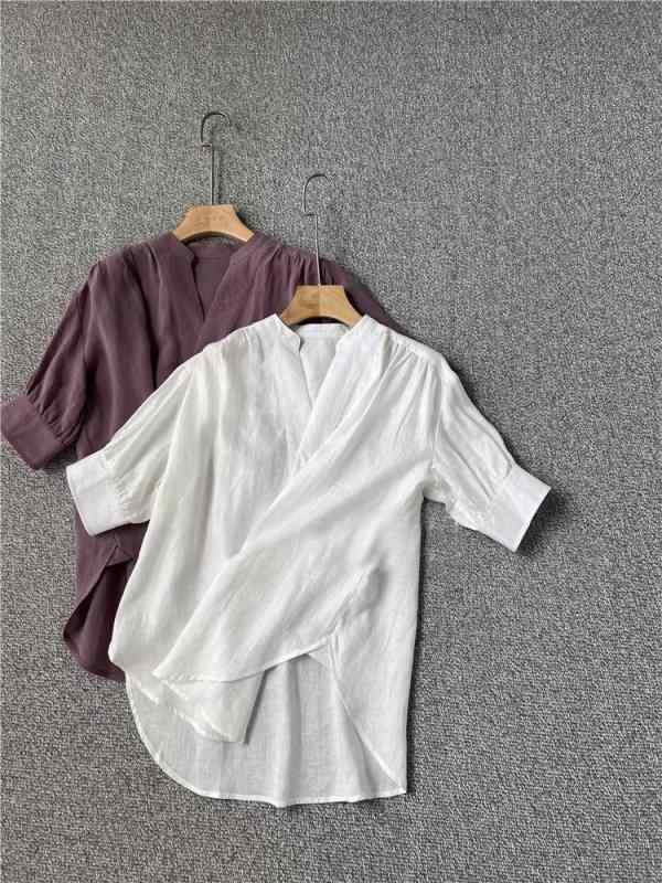 プルオーバー 成人女性用 半袖 麻 分かりやすい ゆったり 自然的 白いこと フォグパープル 普段使い走り 通気性 吸湿 軽さ