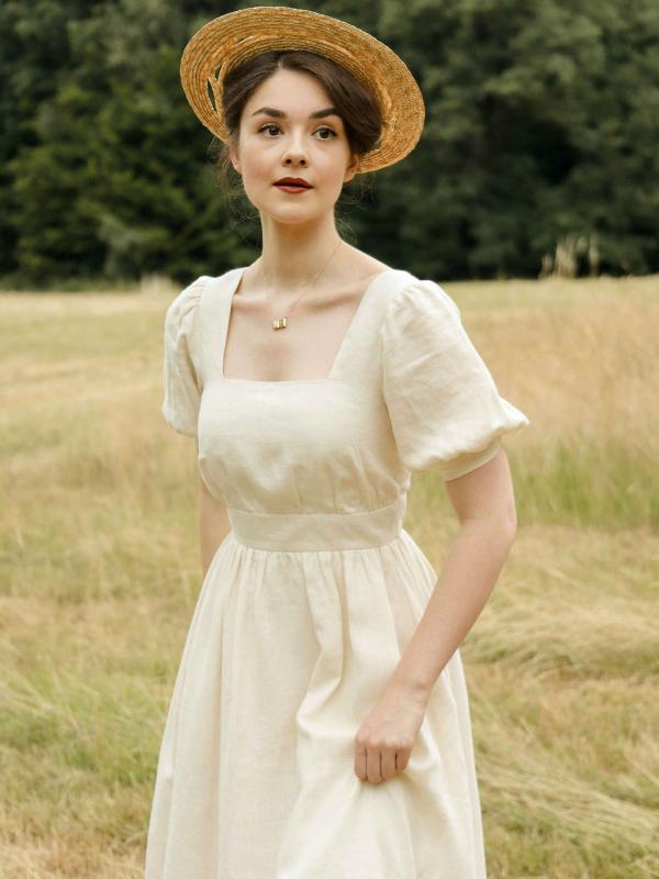 ワンピース レディース 春夏 半袖 ミモレ丈 ロング リネン 亜麻 麻100% スクエアネック パフスリーブ バルーン袖 A字 Aライン 無地 ベージュ レトロ フレンチスタイル 甘め フェミニン カジュアル 通勤 普段使い リゾート お呼ばれ 上品 薄｜プライムズ商店 9,138円