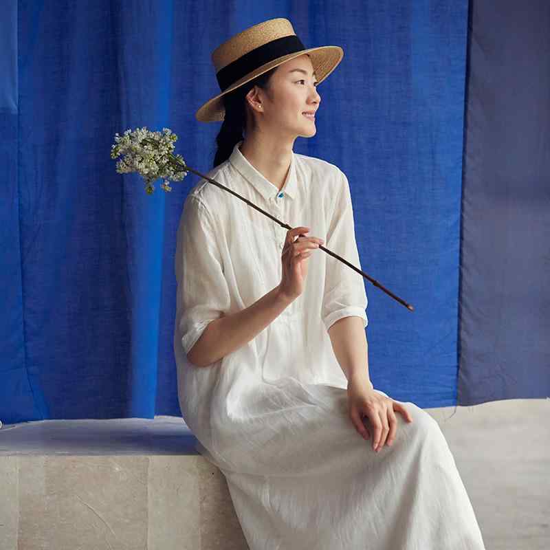 プルオーバー お上さん用 衣装 春夏 返り咲き 中袖 麻 綿 薄っぺら ゆったり ロング丈 襟付き添い人 名取り草 うつり変わり 色彩設計 白いこと 青色 トップス トップ