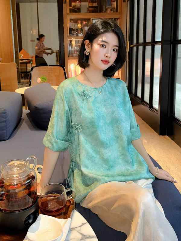 Tシャツ 女性用 半袖 ポリエステル 抽象柄 ルーズ グリーン 復古風 春夏|プライムズ商店