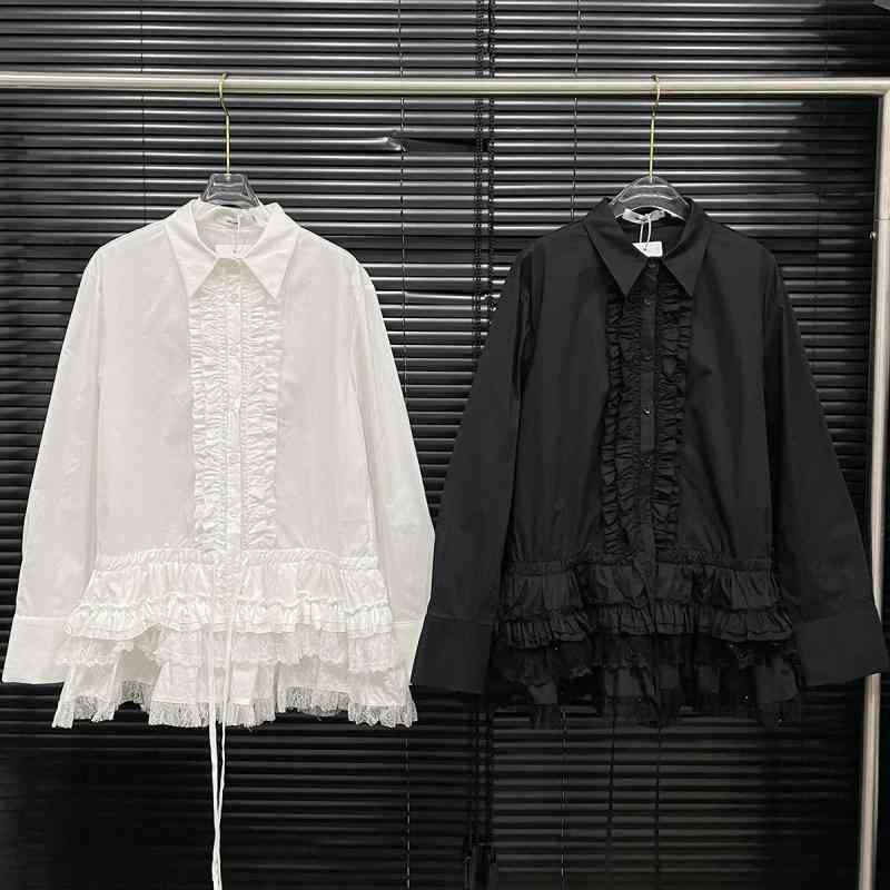 プルオーバー お上さん用 長袖 綿 フラウンス 筋目 襟付 名取り草 決まり切った丈 無地 白いこと 黒いこと 伸縮性 普段使い