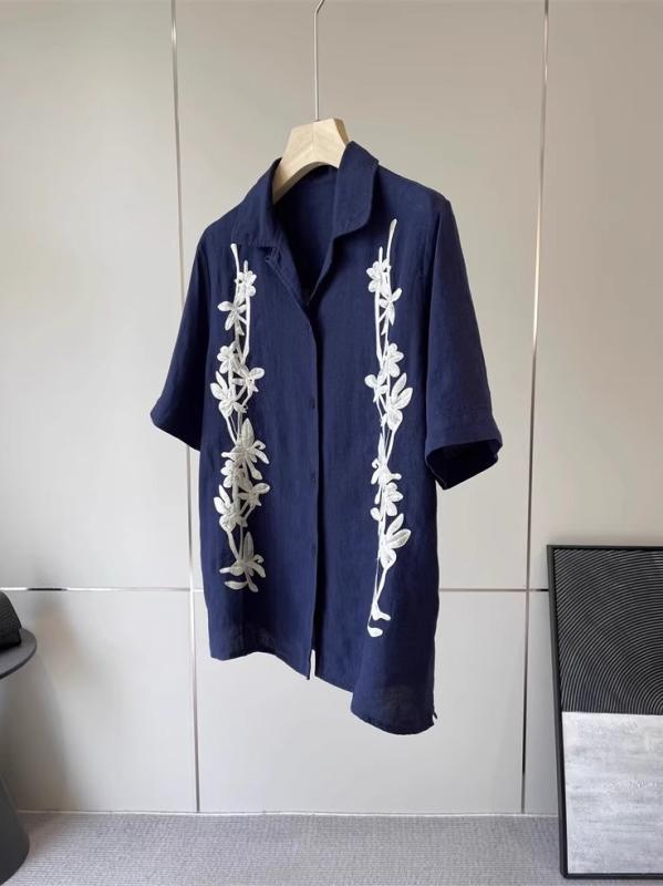 シャツ 女性用 麻 花柄 刺繍 ゆったり 半袖 トップス 通勤用 接触冷感 吸湿速乾 ネイビー ポロ襟 綿 麻混 ゆったりシルエット 日常使い 高級感 かわいい アイボリー ベージュ|プライムズ商店