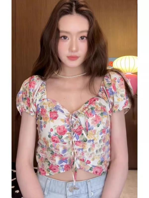 トップス レディース 半袖 プルオーバー Vのど首 サクラ色系 ポリエステル うつり変わり 花柄 青写真 通い用 普段使い走り 伸縮性 御前上等感 吸湿速乾