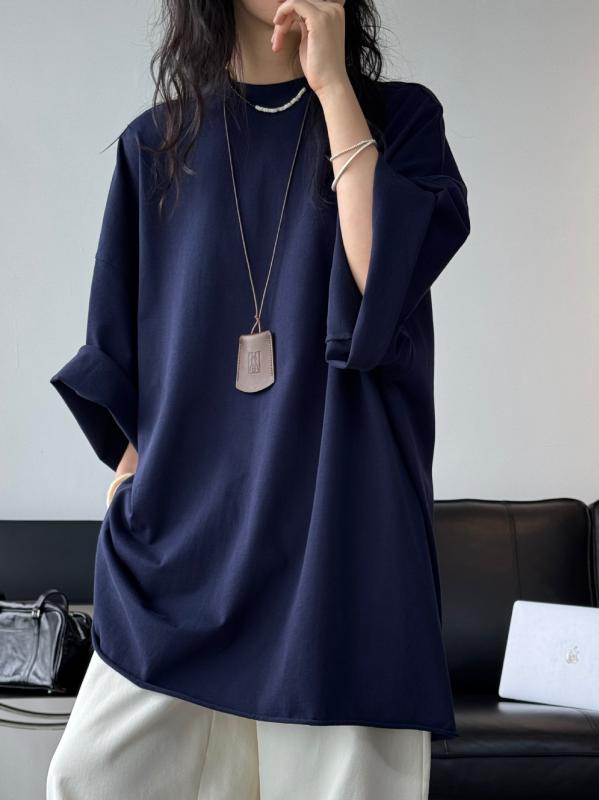 Tシャツ 女性用 半袖 綿 接触冷感 再生繊維 切り替え ゆったり ビッグシルエット ホワイト ネイビー ベージュ ラウンドネック 普段使い ナチュラル シンプル ゆったりサイズ|プライムズ商店