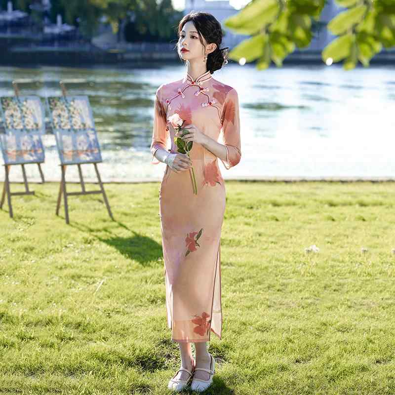 衣装 お上さん用 ロング丈 七分袖 瀬戸ものお召しもの サクラ色系 返り咲き 填まる 酉の方角シェイプ 春夏 ポリエステル 伸縮性 日常用 御前上等感 立領 うつり変わり
