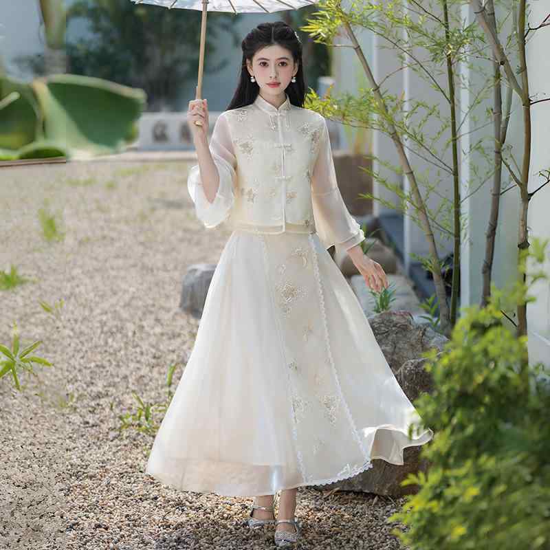 唐装 男性用 女性用 トップス スカート セット 半袖 刺繍 立体 3D 効果 シルク 光沢 再生繊維 ライト ブラウン アイボリー 春夏 秋冬 通年 改良 復古 気質 オリエンタル(x3)|プライムズ商店
