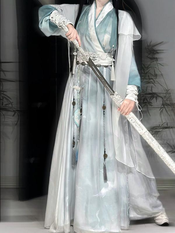 漢服 女性用 襦裙 緑 水墨色 ポリエステル 刺繍 3D 立体 幾何 直袖 春 コスプレ 古代風 武侠 仙侠 改良 晋制 伝統 コスチューム 衣装 7点セット 6点セット 腰飾り付き 腰飾りなし｜プライムズ商店