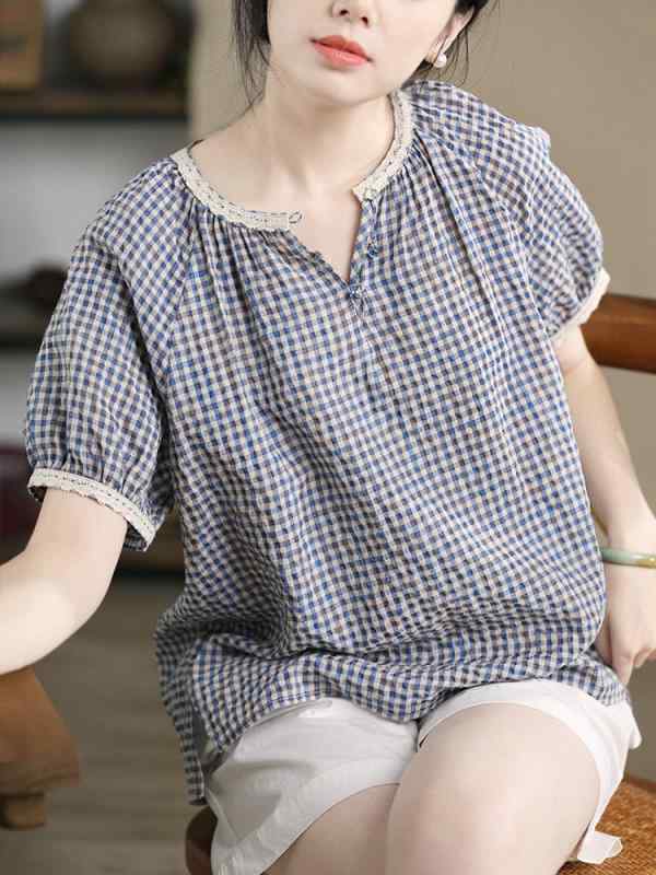 シャツ レディース 半袖 五分袖 トップス カットソー チュニック 婦人服 綿麻 コットン リネン 格子柄 チェック 異素材 切り替え 丸首 クルーネック ぽわん袖 パフスリーブ バルーン袖 ゆるシルエット オーバーサイズ 体型カバー ゆったり カジュア｜プライムズ商店