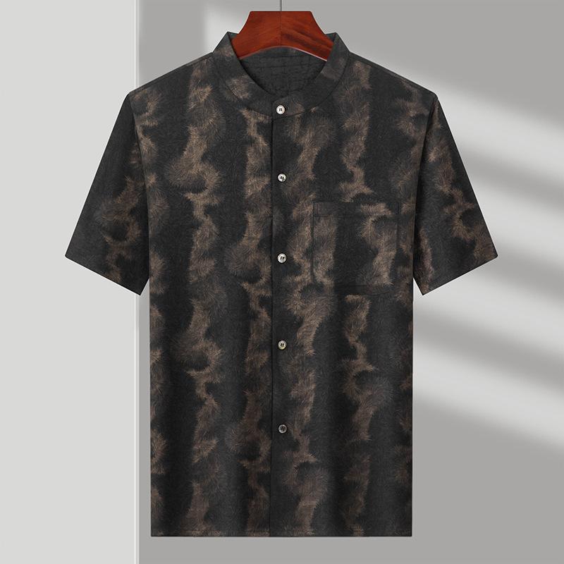 シャツ メンズ 男性用 半袖 立ち襟 スタンドカラー チャイナ服 唐装 桑蚕? シルク 絹 トップス 軽量 防シワ 耐磨 免アイロン 涼しい 薄手 レトロ 和柄 幾何学 ゴールド イエロー系 カジュアル ビジネス 紳士服 お出かけ 普段着 敬老の日 父の｜プライムズ商店