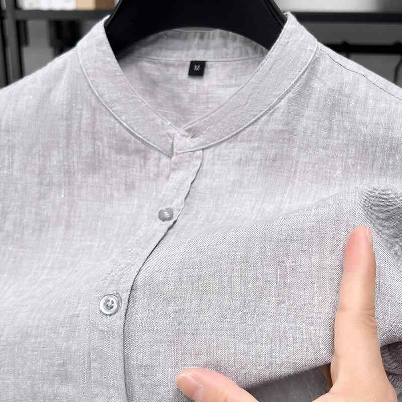 シャツ メンズ 半袖 リネン 100% 亜麻 カジュアルシャツ 立ち襟 スタンドカラー サマー 夏服 薄手 無地 トップス カットソー 普段使い 通勤用 ビジネス 通気性 吸湿 速乾 涼しい 高級感 シンプル ライトブルー ホワイト グレー｜プライムズ商店
