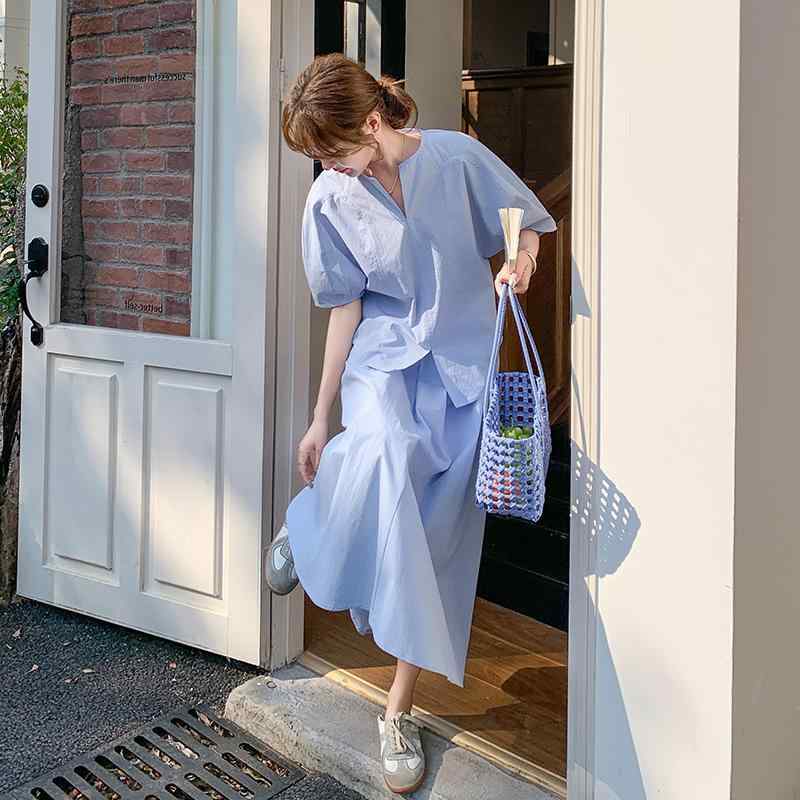 セットアップ レディース 半袖シャツ ロングスカート 2点セット カジュアルスーツ トップス 半袖ブラウス マキシスカート 無地 襟付き ポリエステル 再生繊維 上下セット 事務服 OL 通勤服 普段使い 部屋着 高級感 ライトブルー シャンパン 春夏 |プライムズ商店