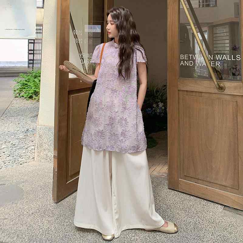 セットアップ レディース チャイナドレス風 チャイナ服 トップス ワイドパンツ 2点セット 五分袖 ロングパンツ カジュアルスーツ 提花織り 無地 スリット入り 民族風 チャイナボタン エスニック クラシック アジアン チーパオ レトロ モダン 体型カバ|プライムズ商店