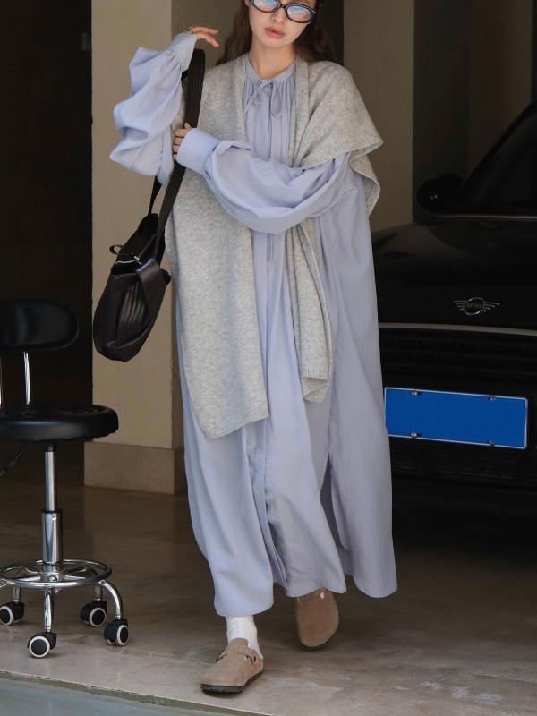 ワンピース レディース 長袖 ロング マキシ丈 テンセル ボリューム袖 バルーンスリーブ 丸首 ラウンドネック ハイウエスト A字 Aライン 切り替え チュニック ルーズ フィット ゆったり 体型カバー カジュアル レトロ クラシック フレンチ 無地 ラ|プライムズ商店