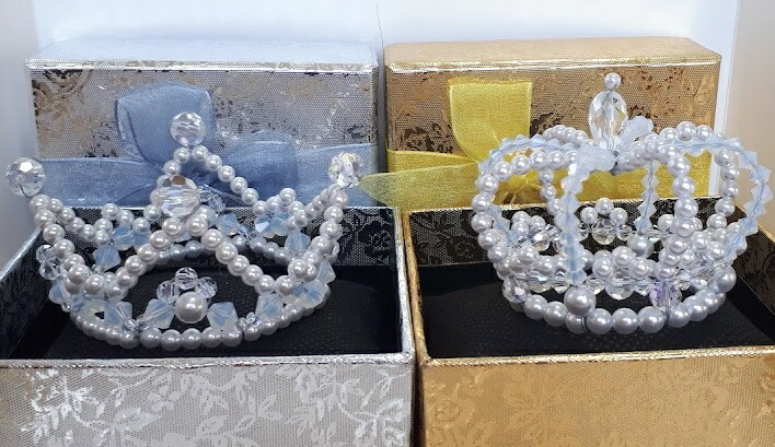 ミニサイズのピュア王冠とクラウンのセット ホワイト 真珠 ハンドメイド 完成品 花嫁 手作りビーズ ウエディングドレス