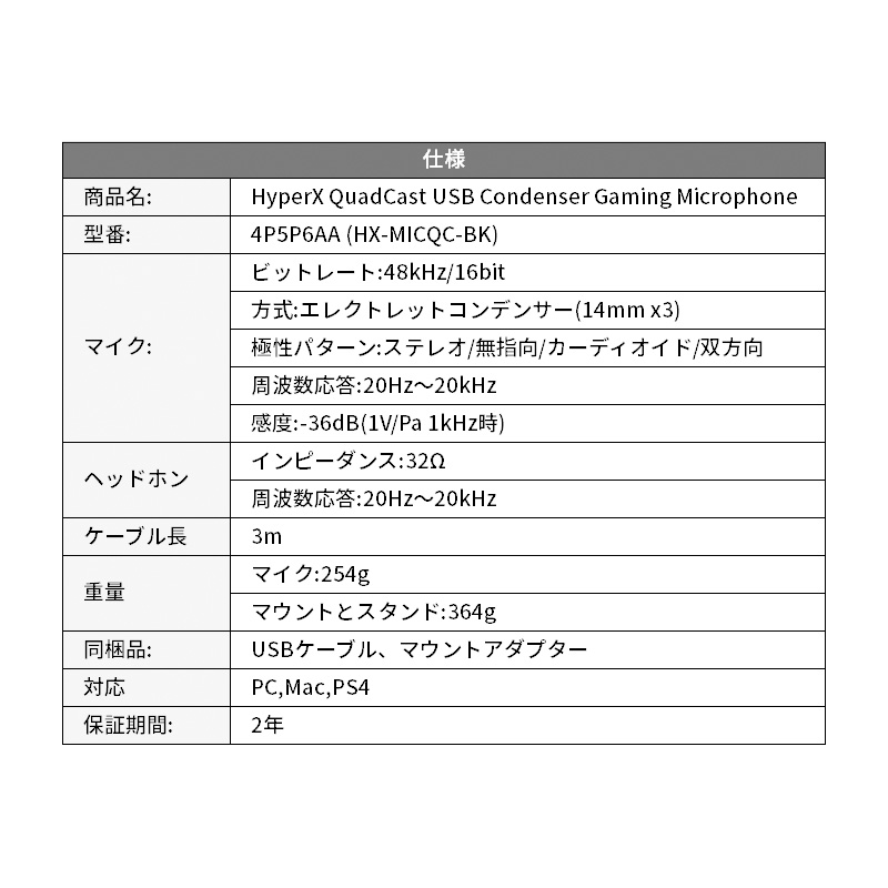 HyperXQuadCastUSBコンデンサーゲーミングマイクロフォン4P5P6AA(HX-MICQC-BK)ゲーミングマイクゲーミングストリーマー実況配信高音質PCマイクPS5PS4コンデンサーマイクハイパーエックス新生活キャンセル不可