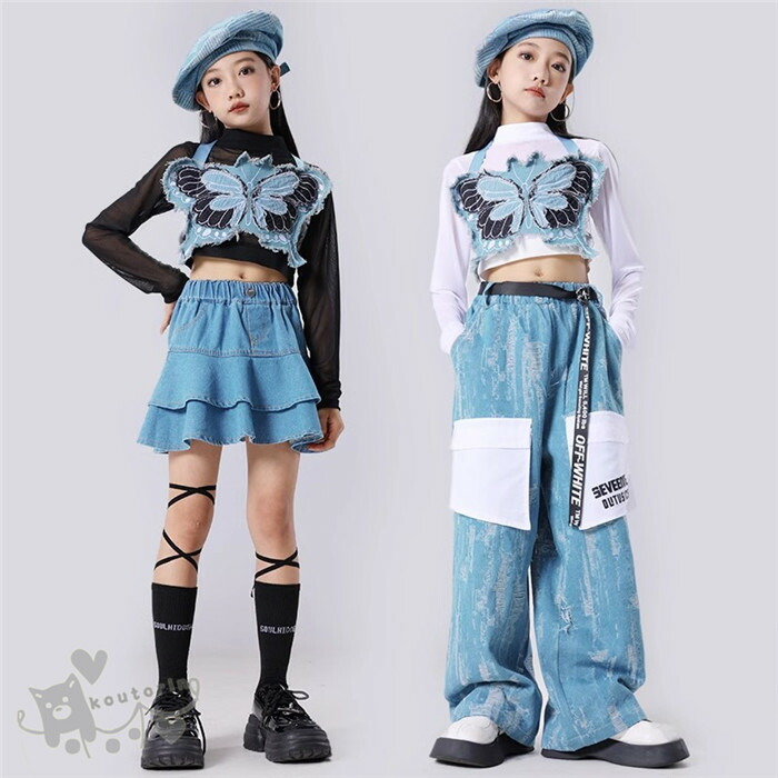 ダンス衣装 ヒップホップ デニム ブルー 長袖 トップス スカート タイダイ柄 パンツ へそ出し キッズ ガールズ 女の子 セットアップ 派手 K-POP 韓国 ステージ衣装 応援団 練習着 体操服 発表会 hiphop 演出服 おしゃれ 110-180cm 送料無料