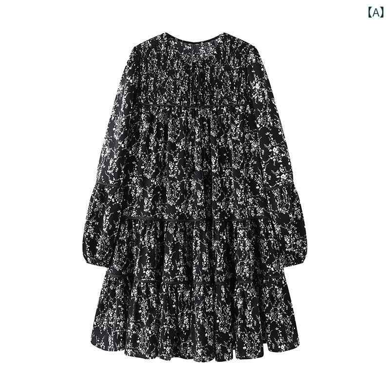レディース 長袖 秋冬 膝丈 きれいめ 上品 チェック柄 ロマンチックな レトロ 花の ワンピース 2025 春の 魅惑的 ストラップの 丸 首の 長袖 625112 C 08