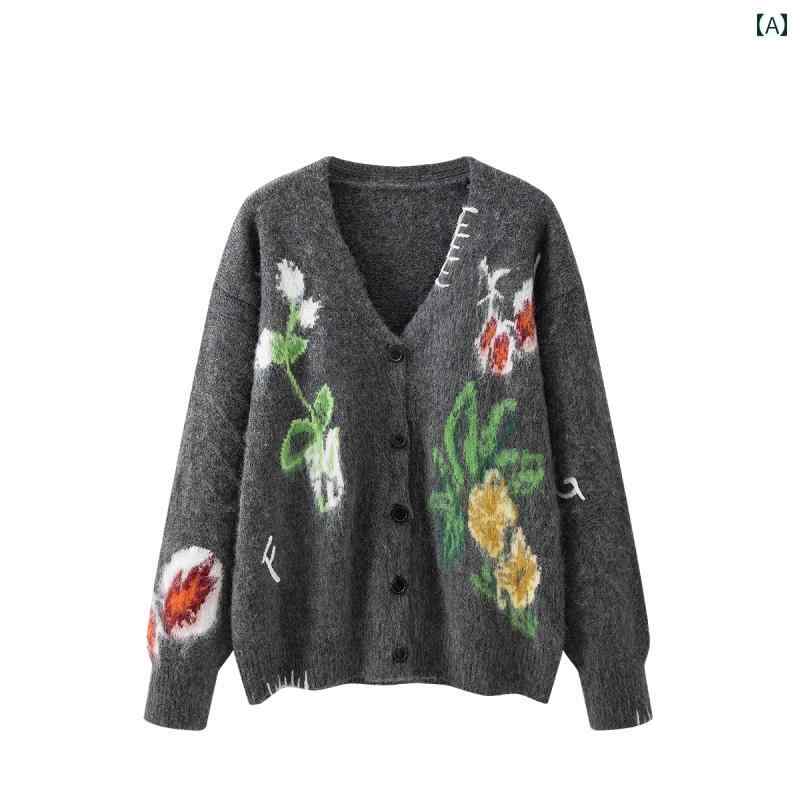 スウェーター 花柄 刺しゅう 流行り物 トップス 編み物 成人女性 レディース ゆったり か細い 長袖 心地好い レトロ 韓国