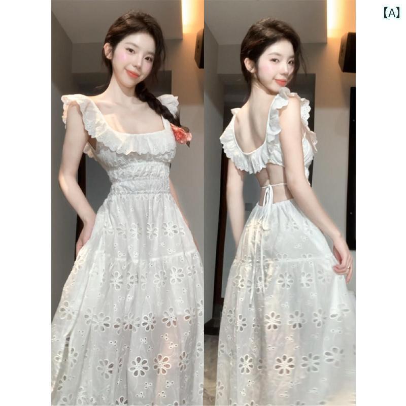 レディース トップス かわいい 春夏 フレンチ 白い サスペンダー ドレス 女性用 夏 2025 ハイエンドの 海辺の 休日の フェアリーの ロング