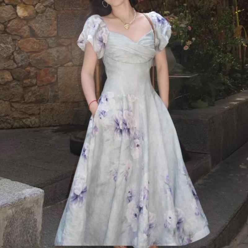 ワンピース レディース 夏用 フレンチスタイル ロマンチック 花柄 プリント リネン 素材 青紫 パール 柄 軽やか シルエット エレガント 日常使い 吸湿速乾 伸縮性 通勤 デイリー
