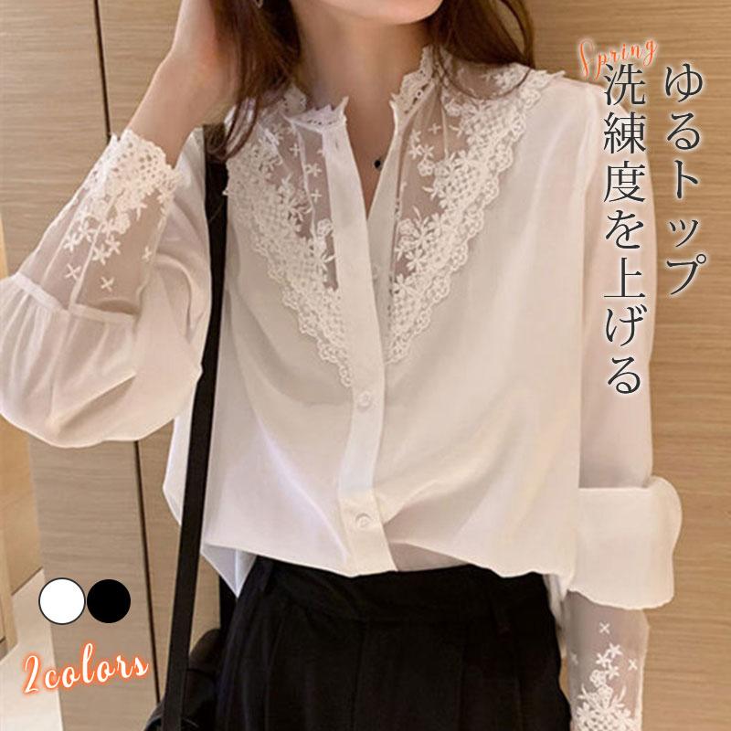 シャツ レディース トップス 長袖 ブラウス チュニック レース 可愛い 花柄 おしゃれ 春夏