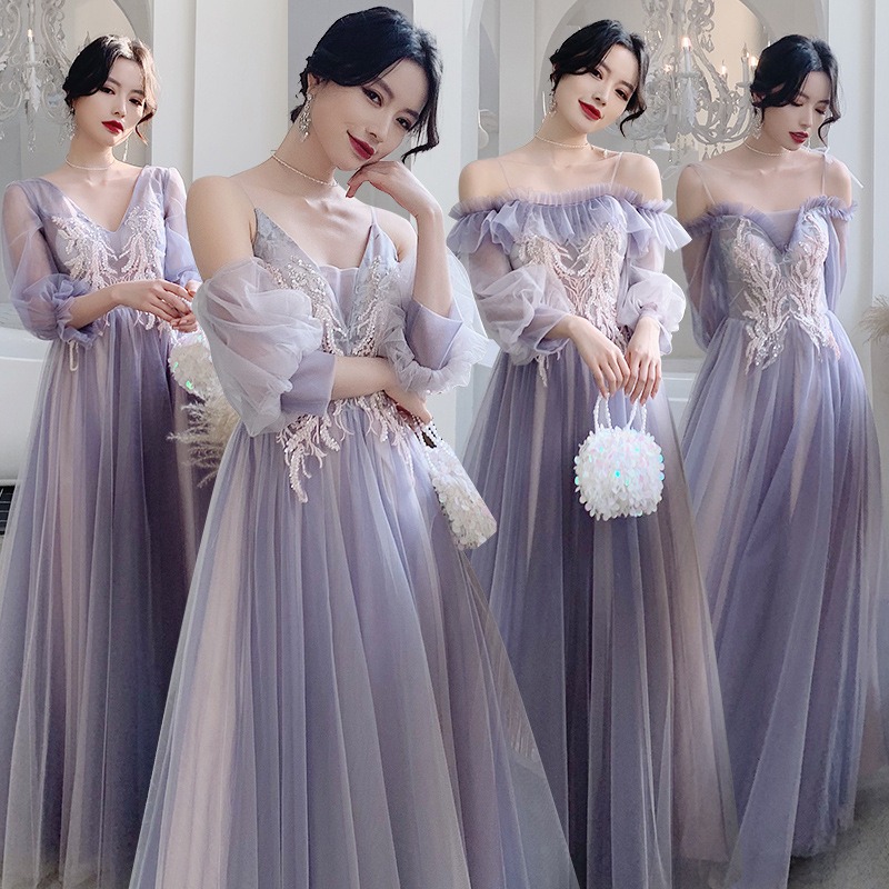 ブライズメイド ドレス フォーマルドレス ロング丈 チュール パープル パーティードレス Aライン フレア 結婚式 ワンピース マキシ丈 記念日 ダンス衣装 海外通販