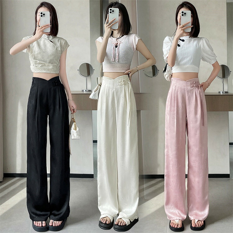 パンツ ジャガード 十分丈/ロング丈 レディース ボトムス 大きいサイズ 春 夏 サテン風 涼しい チャイナボタン 後ろゴム ストレート パンツ ロングパンツ カジュアル 高見え