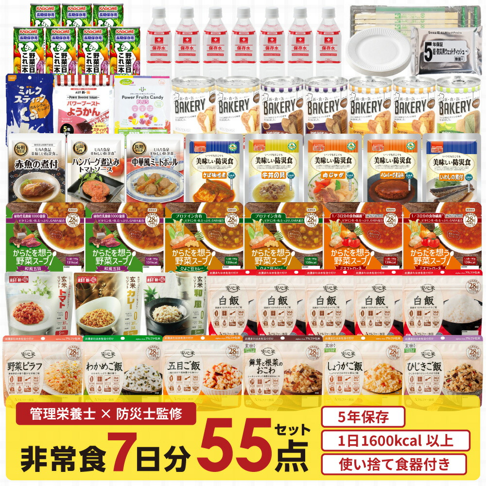 非常食7日分しっかり栄養55点セット 管理栄養士監修 長期保存 5年 ウェットシート 紙皿 スプーン付き 保存食 アルファ米 缶詰ソフトパン リゾット スープ 野菜ジュース おかず 防災食品 備蓄品 地震対策|防災ダイレクト 店