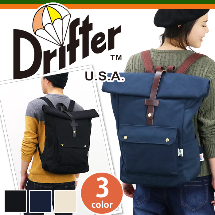 21 ドリフター リュック リュックサック 通学 大容量 バックパック レディース デイパック メンズ ロールトップ Drifter 送料無料 正規品 国内正規販売店 バッグ B4 黒 通勤 通学用 キャンバス コットン 綿 帆布 マザーズバッグ Df3445 B4サイズ対応で通勤