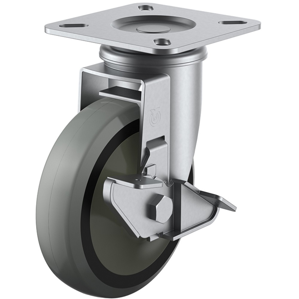 ユーエイ　プレート式　自在　ステンレスキャスター　ウレタン　車輪径１５０ｍｍ　ストッパー付き　Ｊタイプ　ＳＵＳ&minus;Ｊ&minus;Ｓ型　取付寸法９０&times;９０（７５&times;７５）　SUS-GUJ-150S｜ものづくり本舗 店 8,092円