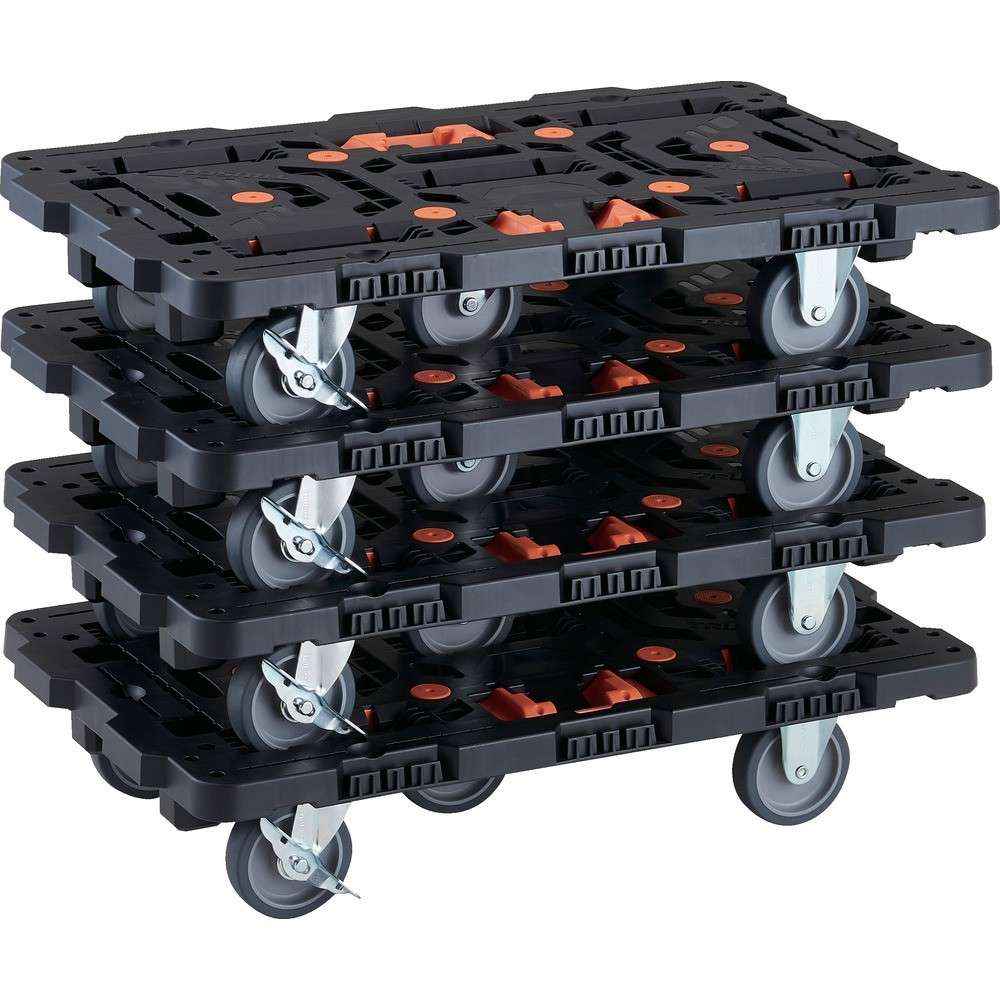【製造会社直送T】 ＴＲＵＳＣＯ 繋ぎ合わせる式脂製平台車 ビートル ７００Ｘ４５０ 自在３輪 内２輪ストッパー付 とめたろう付 ４台書き割り BT700J3S2-E100T-M4