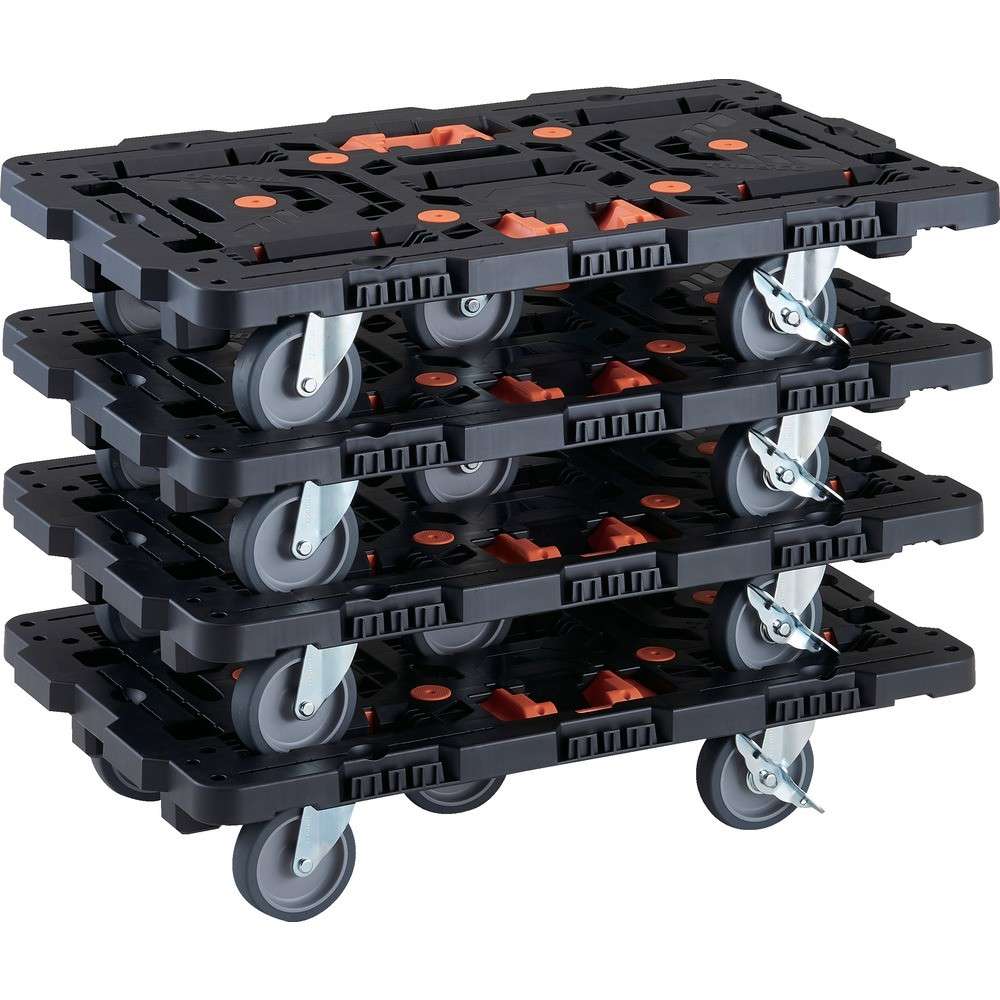 【製造業者直送T】 ＴＲＵＳＣＯ かかわり合い式脂製平台車 ビートル ７００Ｘ４５０ 自在５輪 内２輪ストッパー付 とめたろう付 ４台仕掛ける BT700J5S2-E100T-M4